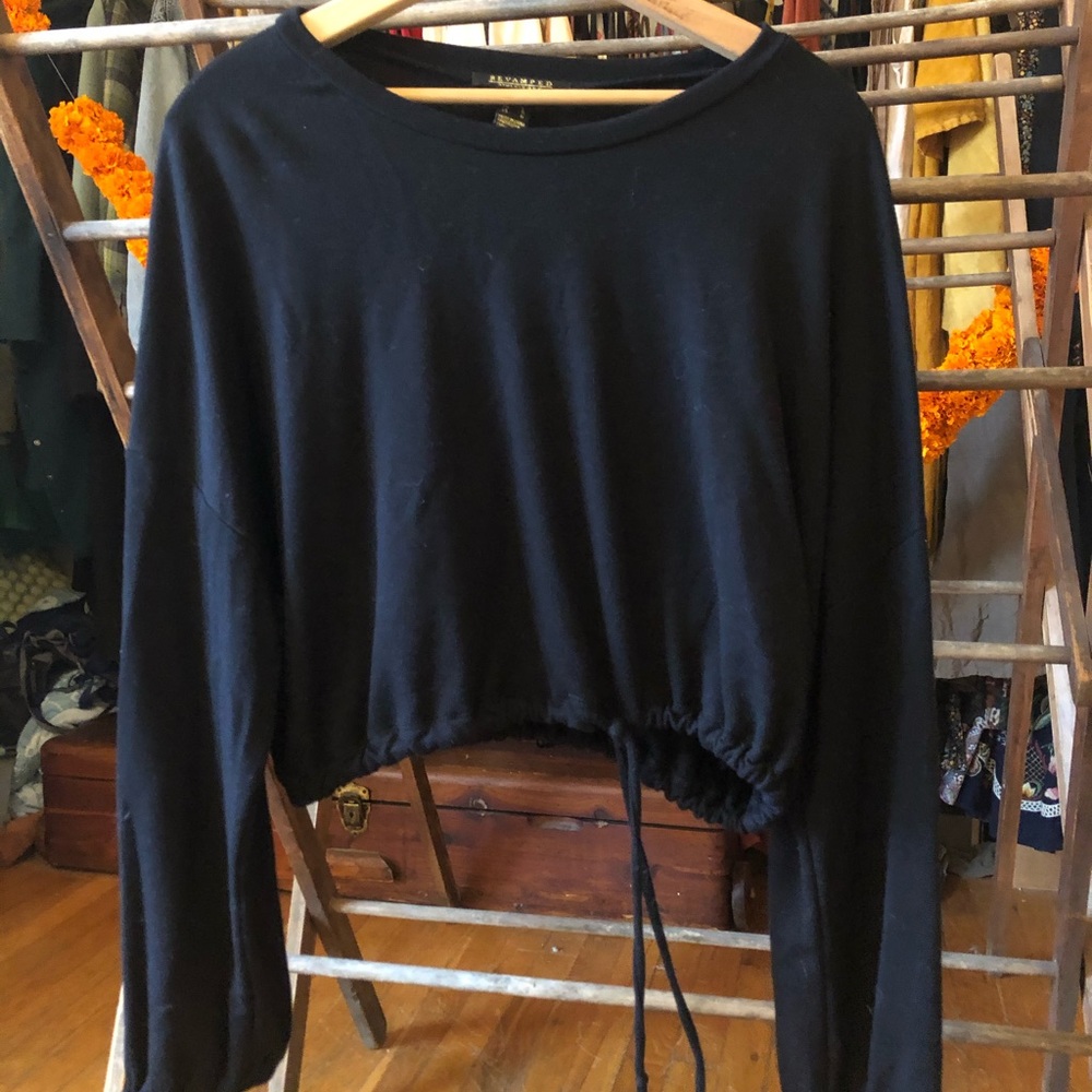 Scoop neck black sweater with wrist and waist ties